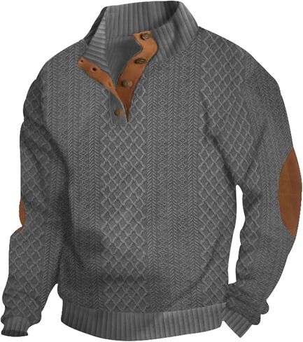 Men's Sweatshirt Casual Knit Jacquard Pullover Long Sleeve Quarter Button Mock Neck Sweatshirt in Saudi Arabia