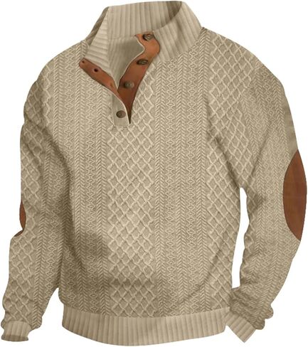 Men's Sweatshirt Casual Knit Jacquard Pullover Long Sleeve Quarter Button Mock Neck Sweatshirt in Saudi Arabia