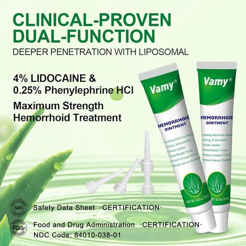 vamy Hemorrhoid Ointment (2 x 20g Tubes), 40g - Maximum Strength Formula for Hemorrhoidal Fast Relief, Soothes Itching, Burning & Discomfort in Saudi Arabia