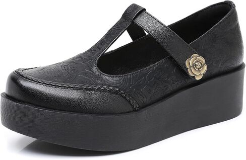 Women's Genuine Leather T-Strap Platform Mary Janes Retro Round Toe Comfortable Wedge Pumps with Adjustable Hook and Loop Classic Business Casual Dress Shoes in Saudi Arabia