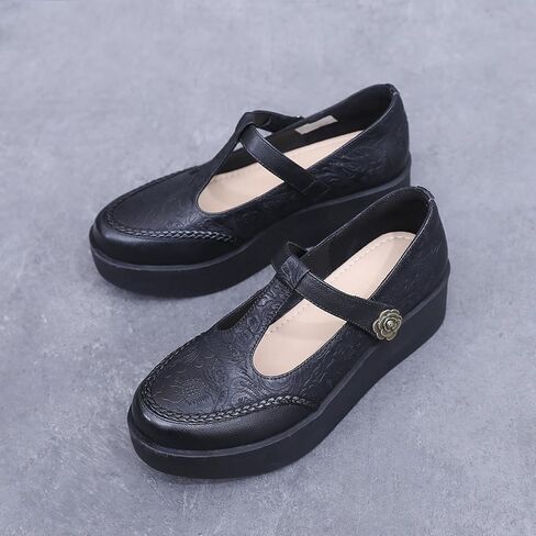Women's Genuine Leather T-Strap Platform Mary Janes Retro Round Toe Comfortable Wedge Pumps with Adjustable Hook and Loop Classic Business Casual Dress Shoes in Saudi Arabia