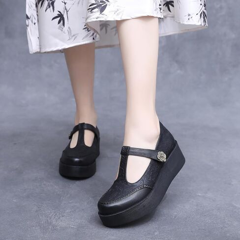 Women's Genuine Leather T-Strap Platform Mary Janes Retro Round Toe Comfortable Wedge Pumps with Adjustable Hook and Loop Classic Business Casual Dress Shoes in Saudi Arabia