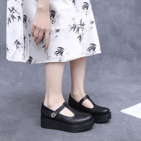 Women's Genuine Leather T-Strap Platform Mary Janes Retro Round Toe Comfortable Wedge Pumps with Adjustable Hook and Loop Classic Business Casual Dress Shoes in Saudi Arabia