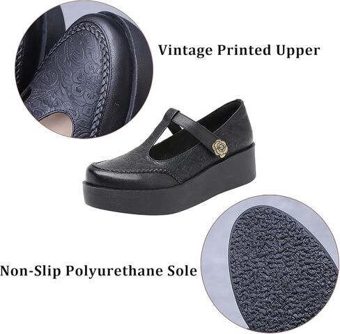 Women's Genuine Leather T-Strap Platform Mary Janes Retro Round Toe Comfortable Wedge Pumps with Adjustable Hook and Loop Classic Business Casual Dress Shoes in Saudi Arabia