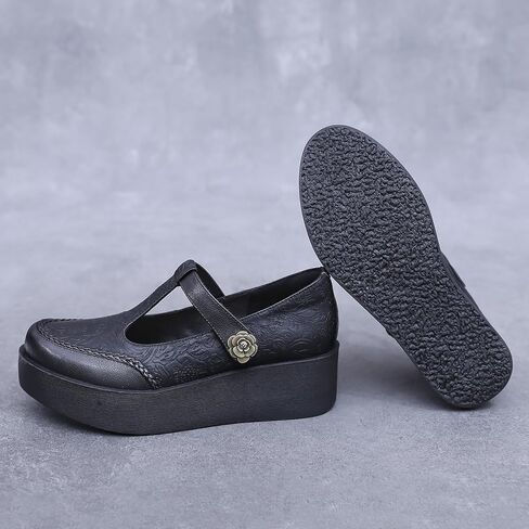 Women's Genuine Leather T-Strap Platform Mary Janes Retro Round Toe Comfortable Wedge Pumps with Adjustable Hook and Loop Classic Business Casual Dress Shoes in Saudi Arabia