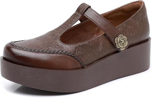Women's Genuine Leather T-Strap Platform Mary Janes Retro Round Toe Comfortable Wedge Pumps with Adjustable Hook and Loop Classic Business Casual Dress Shoes in Saudi Arabia