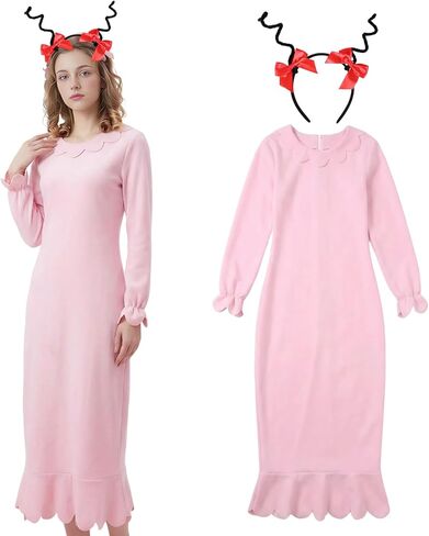 Women Pink Christmas Costume Long Sleeve Dress Anime Cosplay Costume Holiday Nightgown Party Outfit with Headband in Saudi Arabia