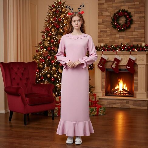 Women Pink Christmas Costume Long Sleeve Dress Anime Cosplay Costume Holiday Nightgown Party Outfit with Headband in Saudi Arabia