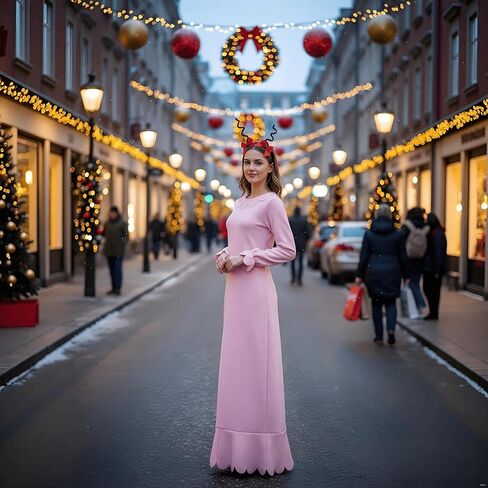 Women Pink Christmas Costume Long Sleeve Dress Anime Cosplay Costume Holiday Nightgown Party Outfit with Headband in Saudi Arabia