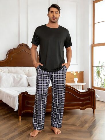 Gray Plaid Mens Pajamas Set, Black Short Sleeve Pjs Matching Mens Pajama Pants, Soft Pijamas Para Hombres in Saudi Arabia