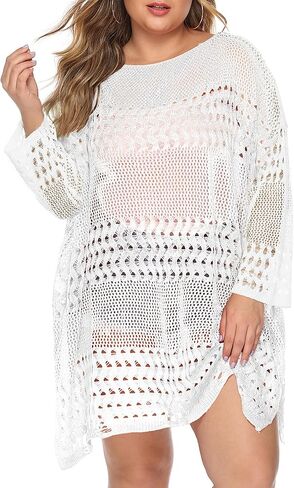Womens Beach Cover Up Hollow Out, Plus Size Swimsuit Coverup Crochet Bathing Suit Cover ups Bikini Summer Beachwear Dress in Kuwait