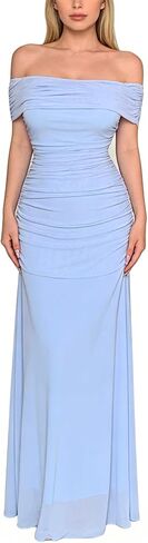 OYOANGLE Women's Off The Shoulder Maxi Dress Short Sleeve Elegant Ruched Party Wedding Guest Dresses in Saudi Arabia