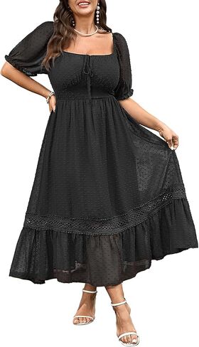 Women's Plus Size Maxi Dress Short Sleeve Square Neck Tie Front Swiss Dot A Line Wedding Guest Dresses in Saudi Arabia