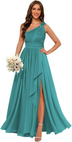 فساتين وصيفة العروس من Stylefun بكتف واحد على شكل حرف A طويلة من الشيفون بطيات رسمية للحفلات المسائية STN007 in Kuwait