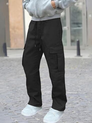 Men's Cargo Pants Straight Leg with Drawstring, Sporty Joggers with Multiple Pockets, Fashionable & Versatile Casual Trousers in Saudi Arabia