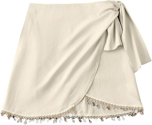 SHENHE Women's Summer Boho Wrap Skirt Side Tie Seashell Tassel Vacation Beach Resort Mini Skirt in Kuwait