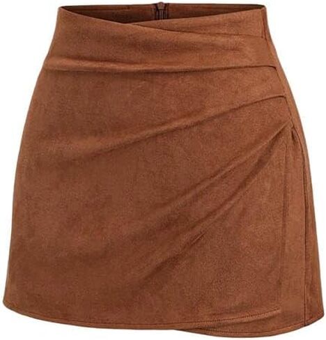 Women Vintage Ruched Wrap High Waist Zip Back Faux Suede Mini Skirts Elegant Fall A-Line Bodycon Short Skirts in Saudi Arabia
