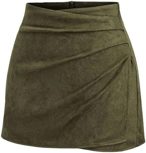 Women Vintage Ruched Wrap High Waist Zip Back Faux Suede Mini Skirts Elegant Fall A-Line Bodycon Short Skirts in Saudi Arabia