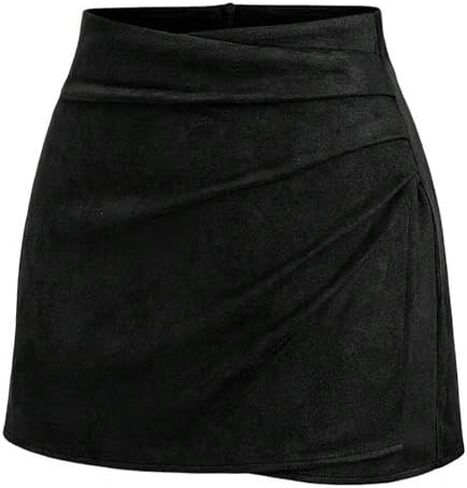 Women Vintage Ruched Wrap High Waist Zip Back Faux Suede Mini Skirts Elegant Fall A-Line Bodycon Short Skirts in Saudi Arabia