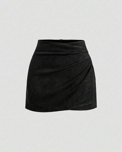 Women Vintage Ruched Wrap High Waist Zip Back Faux Suede Mini Skirts Elegant Fall A-Line Bodycon Short Skirts in Saudi Arabia