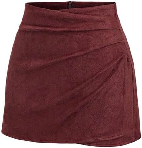 Women Vintage Ruched Wrap High Waist Zip Back Faux Suede Mini Skirts Elegant Fall A-Line Bodycon Short Skirts in Saudi Arabia