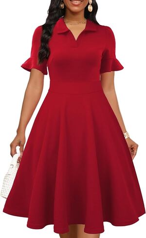 Mokayee Womens Summer Ruffle Sleeve Collared V Neck Fit and Flare Elegant A line Swing Dresses with Pockets in Saudi Arabia