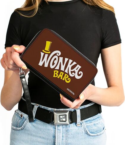 محفظة أفلام Buckle-Down، سحاب حولها، شعار Willy Wonka and the Chocolate Factory Wonka Bar Wrapper، جلد نباتي in Saudi Arabia