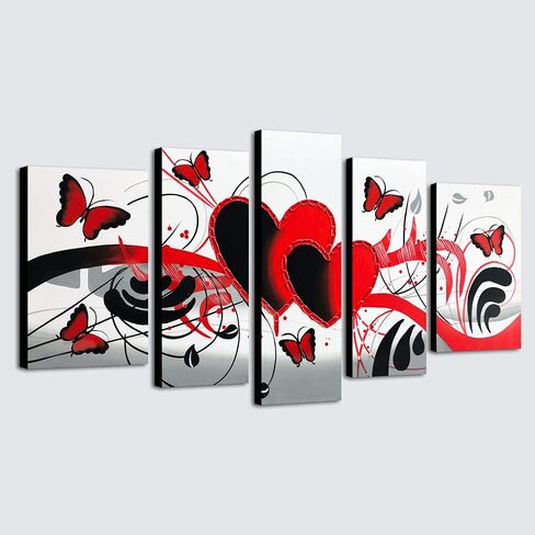 Wieco Art لوحات زيتية تجريدية على شكل زهرة حمراء على شكل فراشة على قماش جدار الفن جاهزة للتعليق لغرفة المعيشة وغرفة النوم وديكورات المنزل الحديثة 5 لوحات ممتدة ومؤطرة 100% عمل فني مرسومة يدويًا in Kuwait