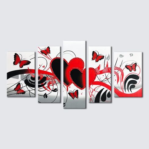 Wieco Art لوحات زيتية تجريدية على شكل زهرة حمراء على شكل فراشة على قماش جدار الفن جاهزة للتعليق لغرفة المعيشة وغرفة النوم وديكورات المنزل الحديثة 5 لوحات ممتدة ومؤطرة 100% عمل فني مرسومة يدويًا in Kuwait
