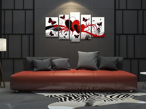Wieco Art لوحات زيتية تجريدية على شكل زهرة حمراء على شكل فراشة على قماش جدار الفن جاهزة للتعليق لغرفة المعيشة وغرفة النوم وديكورات المنزل الحديثة 5 لوحات ممتدة ومؤطرة 100% عمل فني مرسومة يدويًا in Kuwait