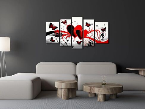 Wieco Art لوحات زيتية تجريدية على شكل زهرة حمراء على شكل فراشة على قماش جدار الفن جاهزة للتعليق لغرفة المعيشة وغرفة النوم وديكورات المنزل الحديثة 5 لوحات ممتدة ومؤطرة 100% عمل فني مرسومة يدويًا in Kuwait
