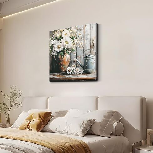 DRLWGTY لوحة فنية جدارية مؤطرة لمنزل مزرعة ريفي ديزي، 24 × 24 علبة سقي زهور الريف على شكل قرية مع تفاصيل نسيج لامع ذهبي لغرفة المعيشة والحديقة والمطبخ جاهز للتعليق in Kuwait