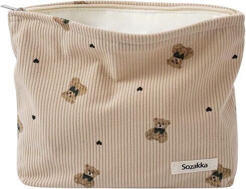 Cute Small Soft Corduroy Zipper Makeup Bag for Purse, Coquette Aesthetic Pouch with Bear Pattern for Women Girls, Kawaii Travel Cosmetic Bags（03Beige） in Saudi Arabia