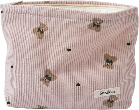Cute Small Soft Corduroy Zipper Makeup Bag for Purse, Coquette Aesthetic Pouch with Bear Pattern for Women Girls, Kawaii Travel Cosmetic Bags（03Beige） in Saudi Arabia