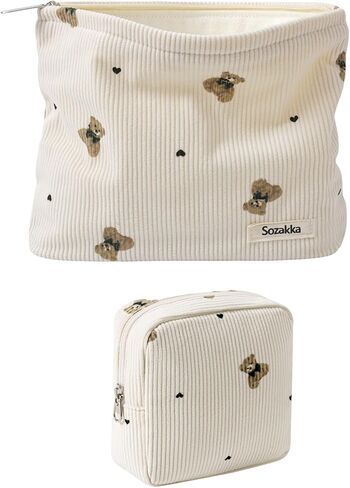 Cute Small Soft Corduroy Zipper Makeup Bag for Purse, Coquette Aesthetic Pouch with Bear Pattern for Women Girls, Kawaii Travel Cosmetic Bags（03Beige） in Saudi Arabia