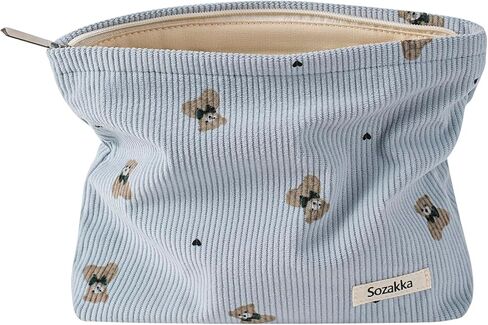 Cute Small Soft Corduroy Zipper Makeup Bag for Purse, Coquette Aesthetic Pouch with Bear Pattern for Women Girls, Kawaii Travel Cosmetic Bags（03Beige） in Saudi Arabia