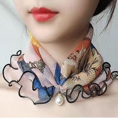 Bohemian Printed Mesh Neck Scarf for Women Breathable Elastic Floral Scarf with Imitation Pendant & Ruffle Edge in Saudi Arabia