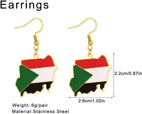 زوجان من أقراط علم خريطة السودان - قلادة علم من الفولاذ التيتانيوم على الطراز العرقي، تذكار سفر السودان، إكسسوارات المناسبات الرياضية والاحتفالات بالمهرجانات in Kuwait