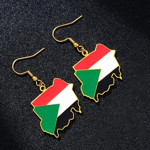 زوجان من أقراط علم خريطة السودان - قلادة علم من الفولاذ التيتانيوم على الطراز العرقي، تذكار سفر السودان، إكسسوارات المناسبات الرياضية والاحتفالات بالمهرجانات in Kuwait