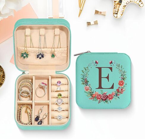 Travel Jewelry Case Initial Jewelry Box for Women Necklace Organizers and Storage Ring Earring Box Bracelet Organizer Trendy Birthday Gifts for Her Blue Letter L in Saudi Arabia