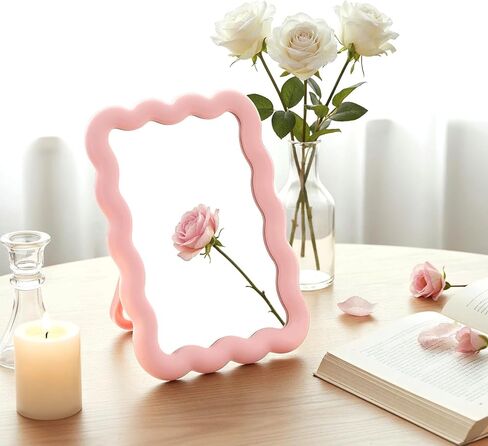 Pink Mirror, 6.7 x 5.3 in Cute Desk Accessories Small Mirror for Desk Locker Office Cubicle Accessories, Portable Folding Can Stand Table for Girl Women Office & Bedroom, Wavy Design in Saudi Arabia