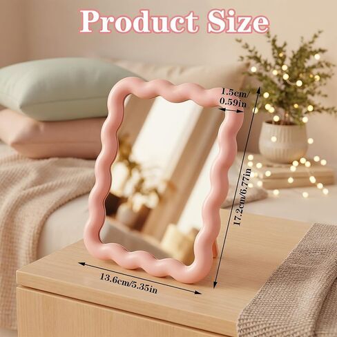 Pink Mirror, 6.7 x 5.3 in Cute Desk Accessories Small Mirror for Desk Locker Office Cubicle Accessories, Portable Folding Can Stand Table for Girl Women Office & Bedroom, Wavy Design in Saudi Arabia