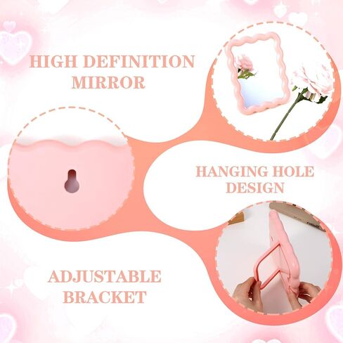Pink Mirror, 6.7 x 5.3 in Cute Desk Accessories Small Mirror for Desk Locker Office Cubicle Accessories, Portable Folding Can Stand Table for Girl Women Office & Bedroom, Wavy Design in Saudi Arabia