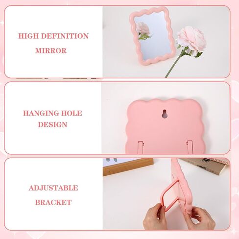 Pink Mirror, 6.7 x 5.3 in Cute Desk Accessories Small Mirror for Desk Locker Office Cubicle Accessories, Portable Folding Can Stand Table for Girl Women Office & Bedroom, Wavy Design in Saudi Arabia