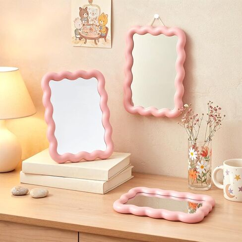 Pink Mirror, 6.7 x 5.3 in Cute Desk Accessories Small Mirror for Desk Locker Office Cubicle Accessories, Portable Folding Can Stand Table for Girl Women Office & Bedroom, Wavy Design in Saudi Arabia