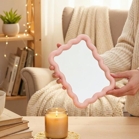 Pink Mirror, 6.7 x 5.3 in Cute Desk Accessories Small Mirror for Desk Locker Office Cubicle Accessories, Portable Folding Can Stand Table for Girl Women Office & Bedroom, Wavy Design in Saudi Arabia