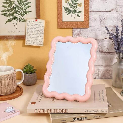 Pink Mirror, 6.7 x 5.3 in Cute Desk Accessories Small Mirror for Desk Locker Office Cubicle Accessories, Portable Folding Can Stand Table for Girl Women Office & Bedroom, Wavy Design in Saudi Arabia