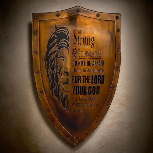 Christian Home Decor Wall Art Shield | Be Strong & Courageous Bible Verse | Easter Gift | Inspirational Wall Decor | Living Room Bedroom Decor | Spiritual Protection Sign | Religious Housewarming Gift | Faith-Based Home Accent | Scripture Wall Art | Chris in Saudi Arabia