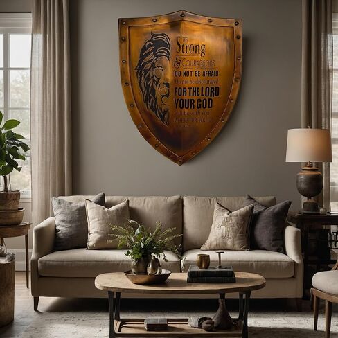 Christian Home Decor Wall Art Shield | Be Strong & Courageous Bible Verse | Easter Gift | Inspirational Wall Decor | Living Room Bedroom Decor | Spiritual Protection Sign | Religious Housewarming Gift | Faith-Based Home Accent | Scripture Wall Art | Chris in Saudi Arabia