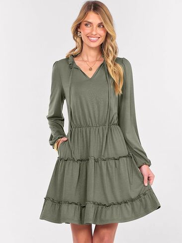 Caracilia Long Sleeve Dress for Women Fall 2025 Casual V Neck High Waist Tiered Ruffle Aline Swing Tunic Short Mini Dresses in Saudi Arabia